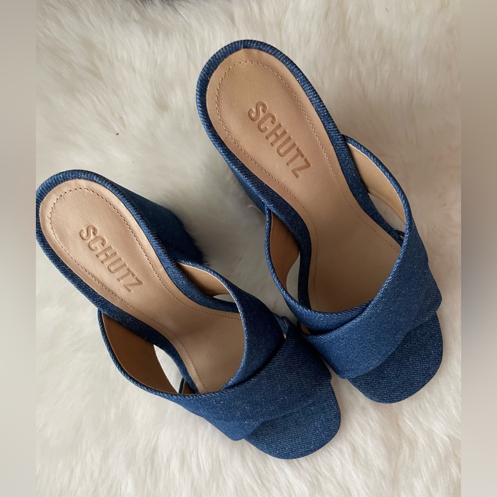 New! SCHUTZ Blue Denim Block Heel Mules - Picture 2 of 6
